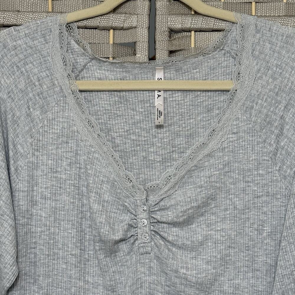 Soma Cool Nights Ribbed Pajama Top Set of 2 Size L Lilac Gray Lace Trim Henley - Picture 6 of 11